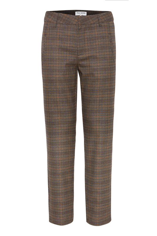 PULZ High Waisted Bindy Pants - Brown Check