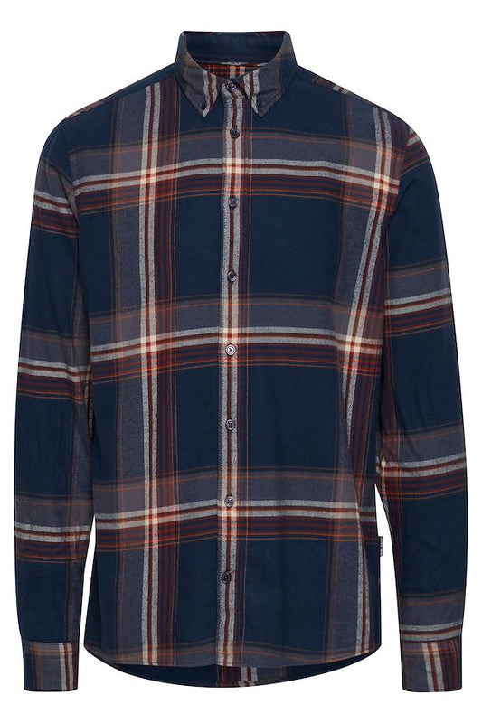 Image of a navy men's long sleeve shirt. Has white and red large checkered pattern. The shirt features a classic button-down front, a pointed collar, and buttoned cuffs. Made from a soft, lightweight fabric, it offers a comfortable and stylish fit.